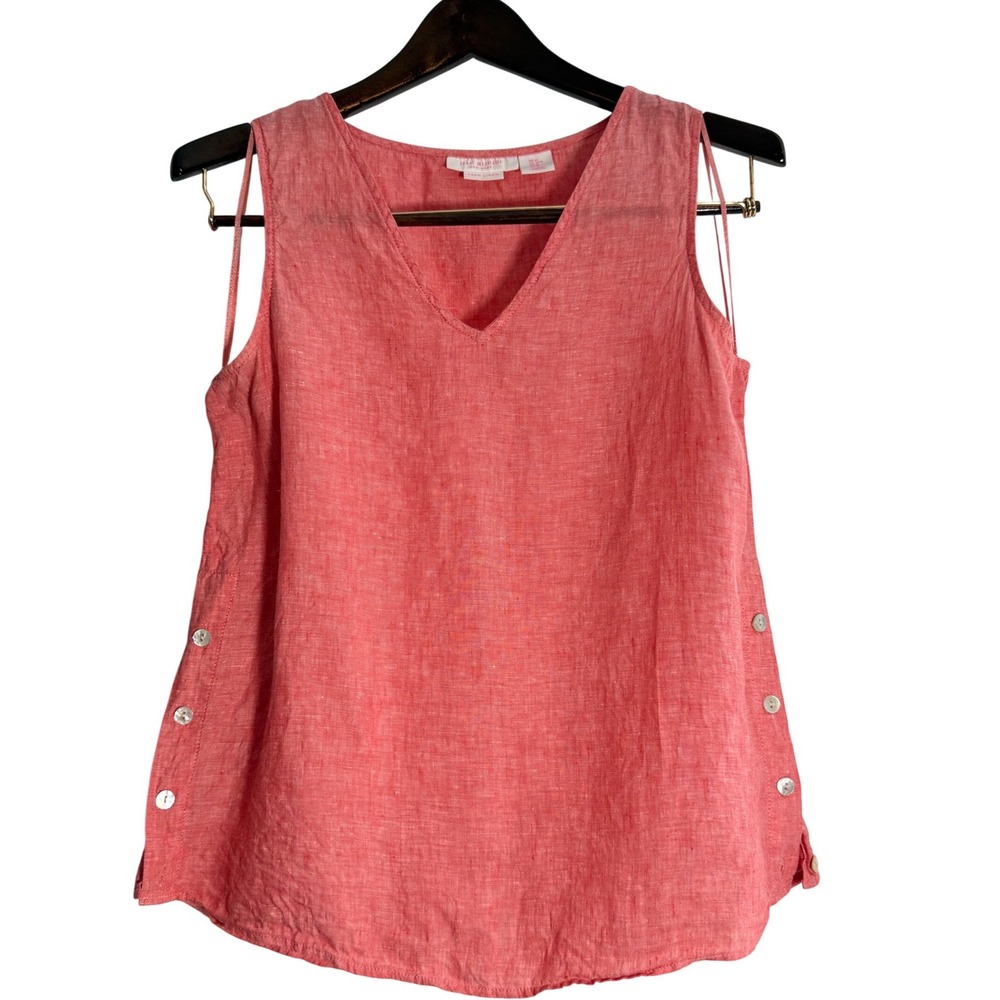 Isaac Mizrahi New York Coral Pink 100% Linen Side Button V-Neck Tank Top Medium